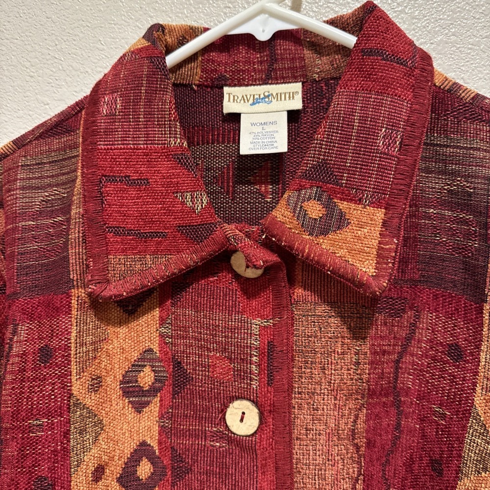 Vtg TravelSmith Jacket Womens Lg BOHO Woven 90s Patchwork Tapestry Colorblock - Picture 2 of 5